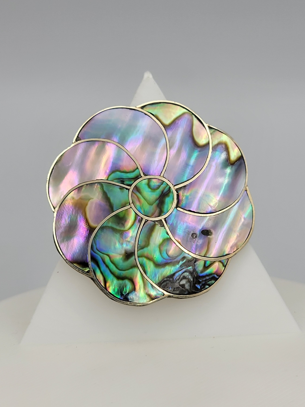 Mexican Abalone Nautilus Spiral Brooch — Alpaca Silver-Tone — 1.75"